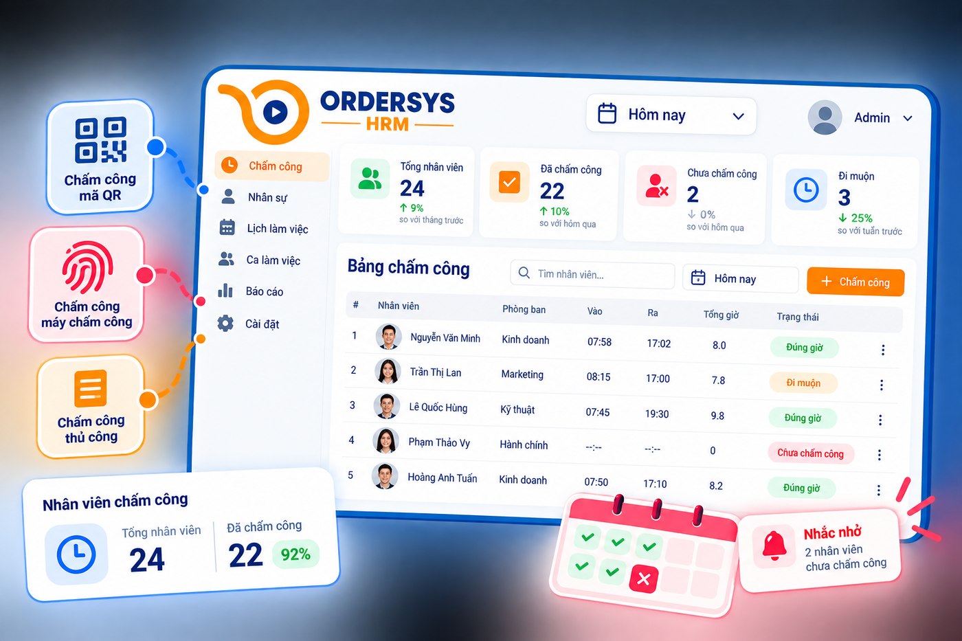 Bảng chấm công và ba cách chấm công trong phần mềm HRM Ordersys: mã QR, máy chấm công, thủ công