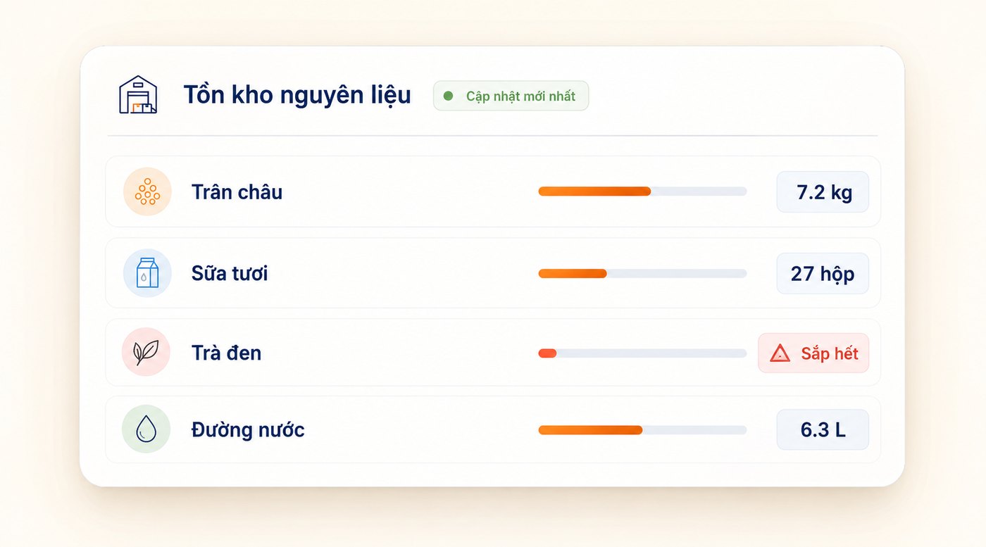 Tồn kho nguyên liệu quán trà sữa trừ theo công thức pha chế